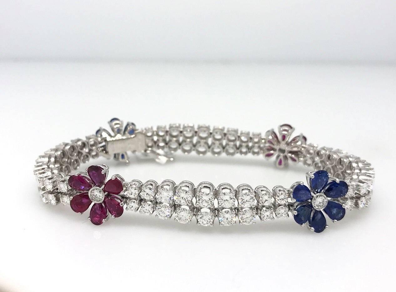Two Row Diamond Bracelet Ruby and Sapphire Florets in 18 Karat White Gold For Sale 2