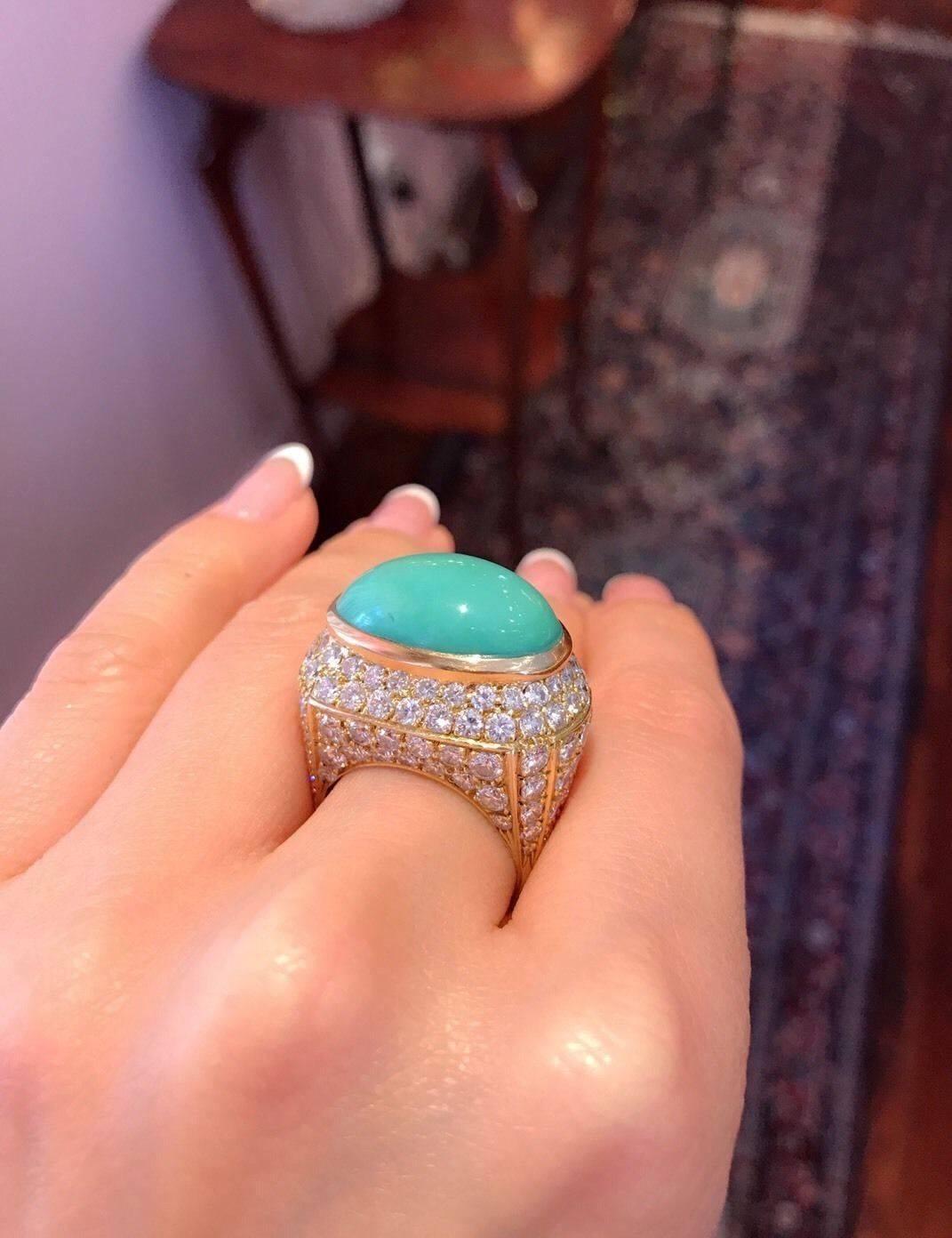 Turquoise Diamond Yellow Gold Dome Ring For Sale 1