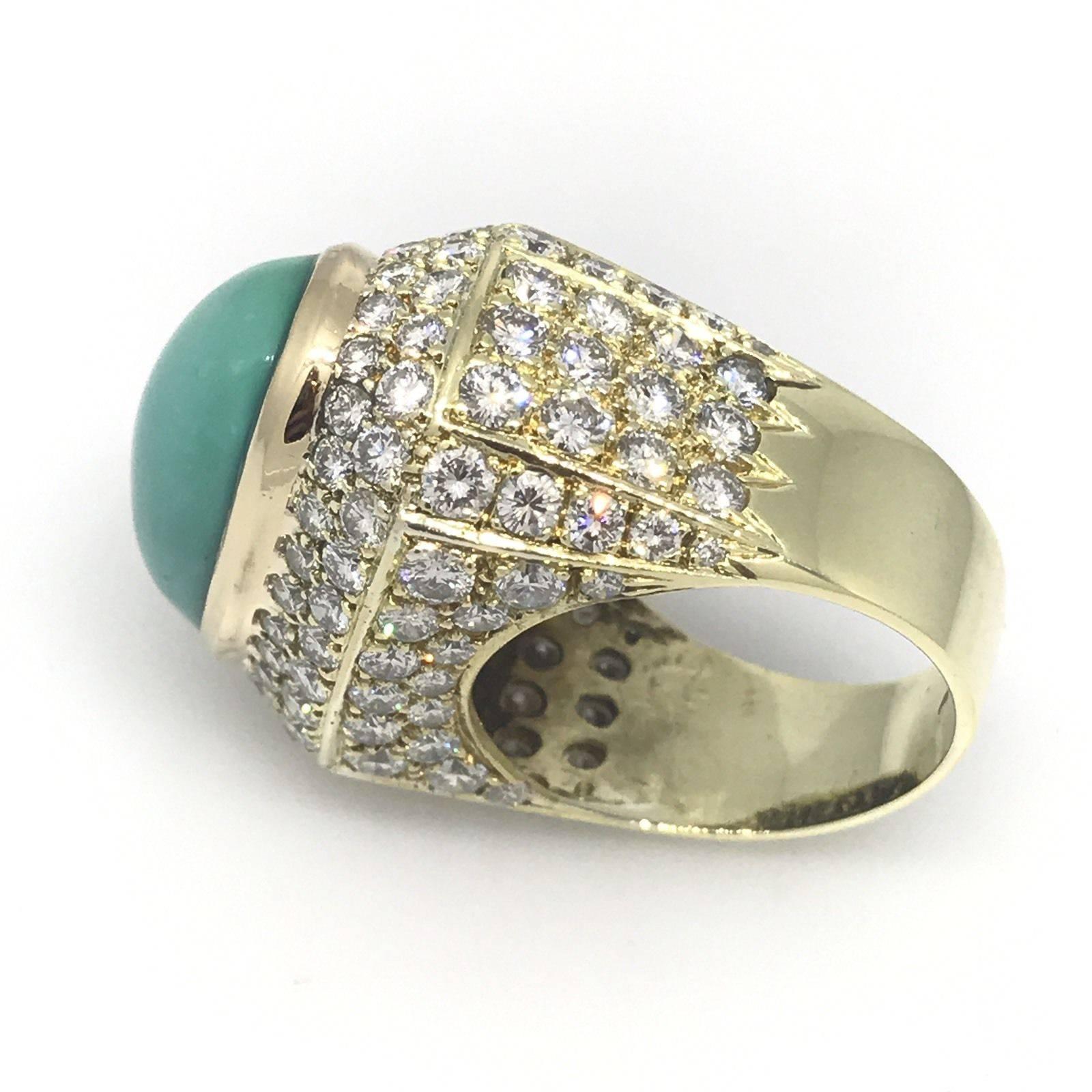 Turquoise Diamond Yellow Gold Dome Ring For Sale 3