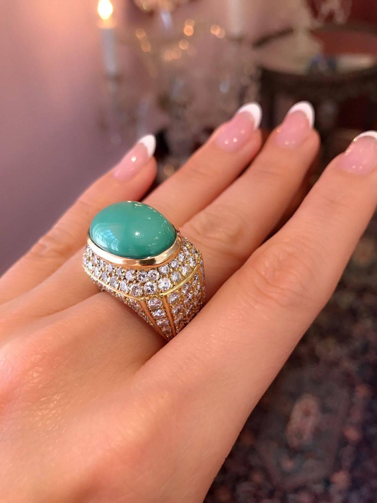 Turquoise Diamond Yellow Gold Dome Ring For Sale 5