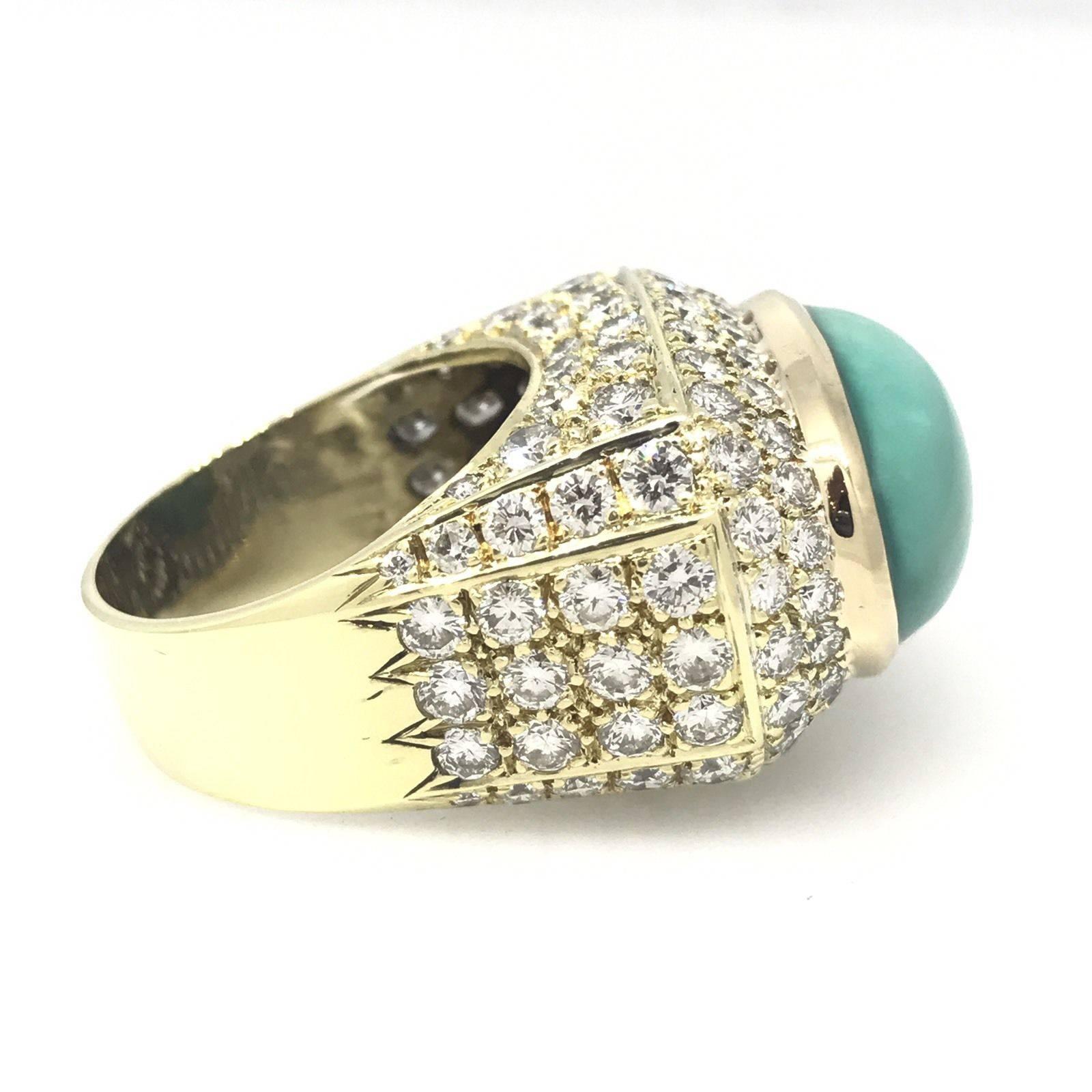 Turquoise Diamond Yellow Gold Dome Ring For Sale 4