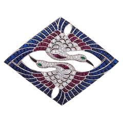 Romantic Herons Ruby Onyx Tsavorite Diamond Double Clip Brooch 2