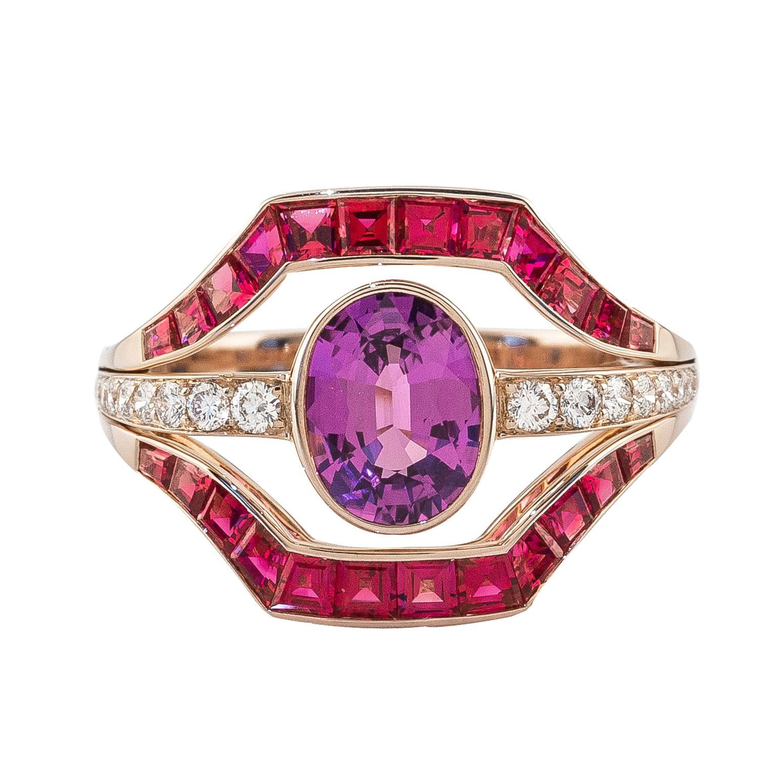 Oval Cut French Art Deco Style Purple Sapphire & Ruby & Diamond 18 Karat Rose Gold Ring