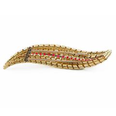 1920s Tiffany & Co Ruby  Gold Feather Brooch