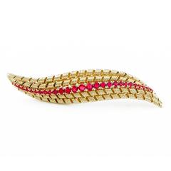 1920s Tiffany & Co Ruby  Gold Feather Brooch