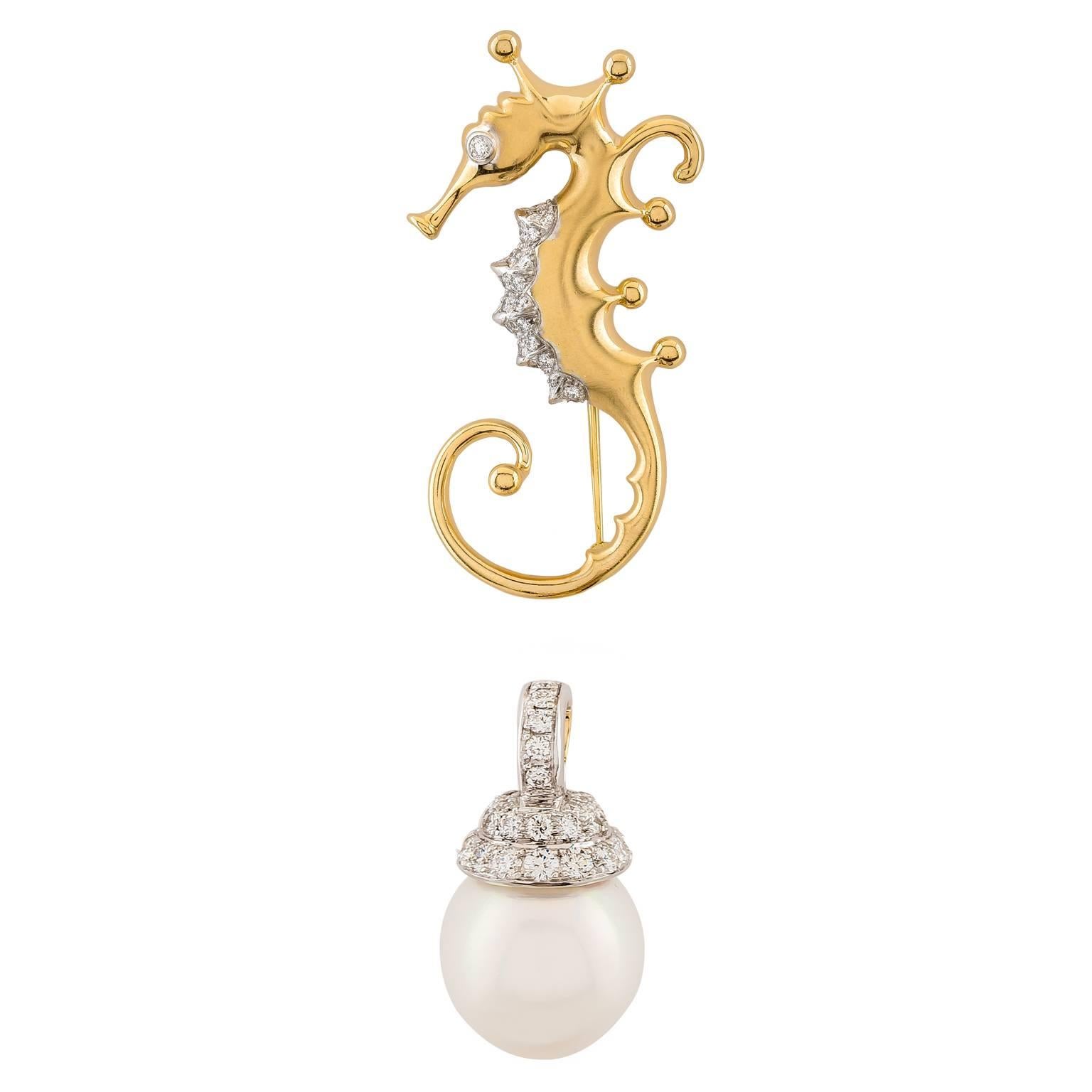 An exquisitely rendered, sculpted seahorse sits gracefully above a single baroque pearl pendant in this whimsical, yet supremely elegant brooch. Brooch is Platinum and 18k yellow gold. Designed by Angela Cummings for Assael of New York.

Gem