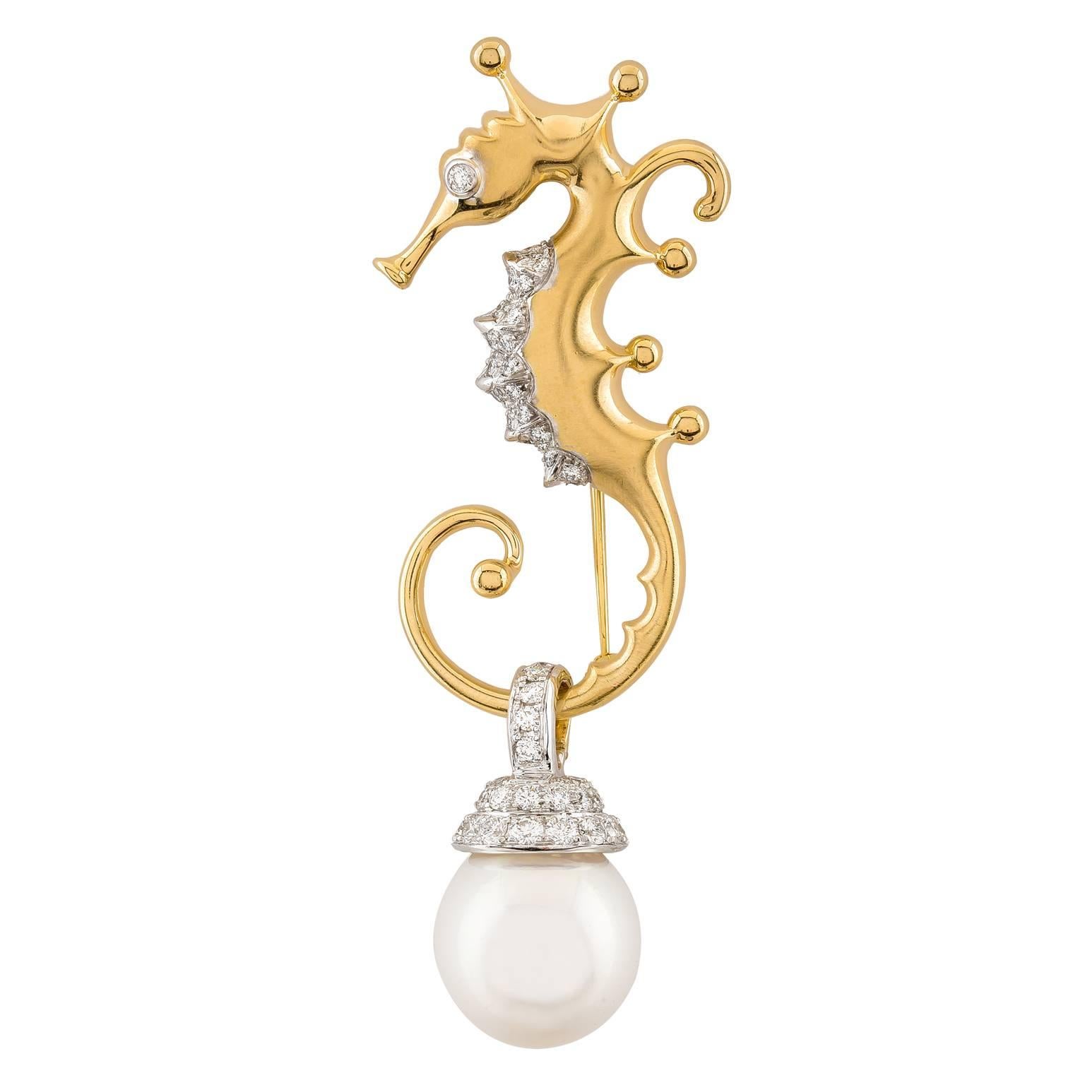 Angela Cummings Baroque Pearl and Diamond Gold Seahorse Brooch