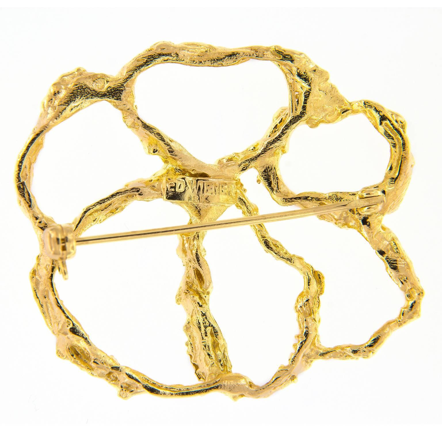 18k yellow gold organic design brooch by American Modernist jeweler Ed Wiener. Wiener mostly worked in silver and didn’t branch out to working in gold until later in his career, moving his work from craft into art. This brooch is truly an