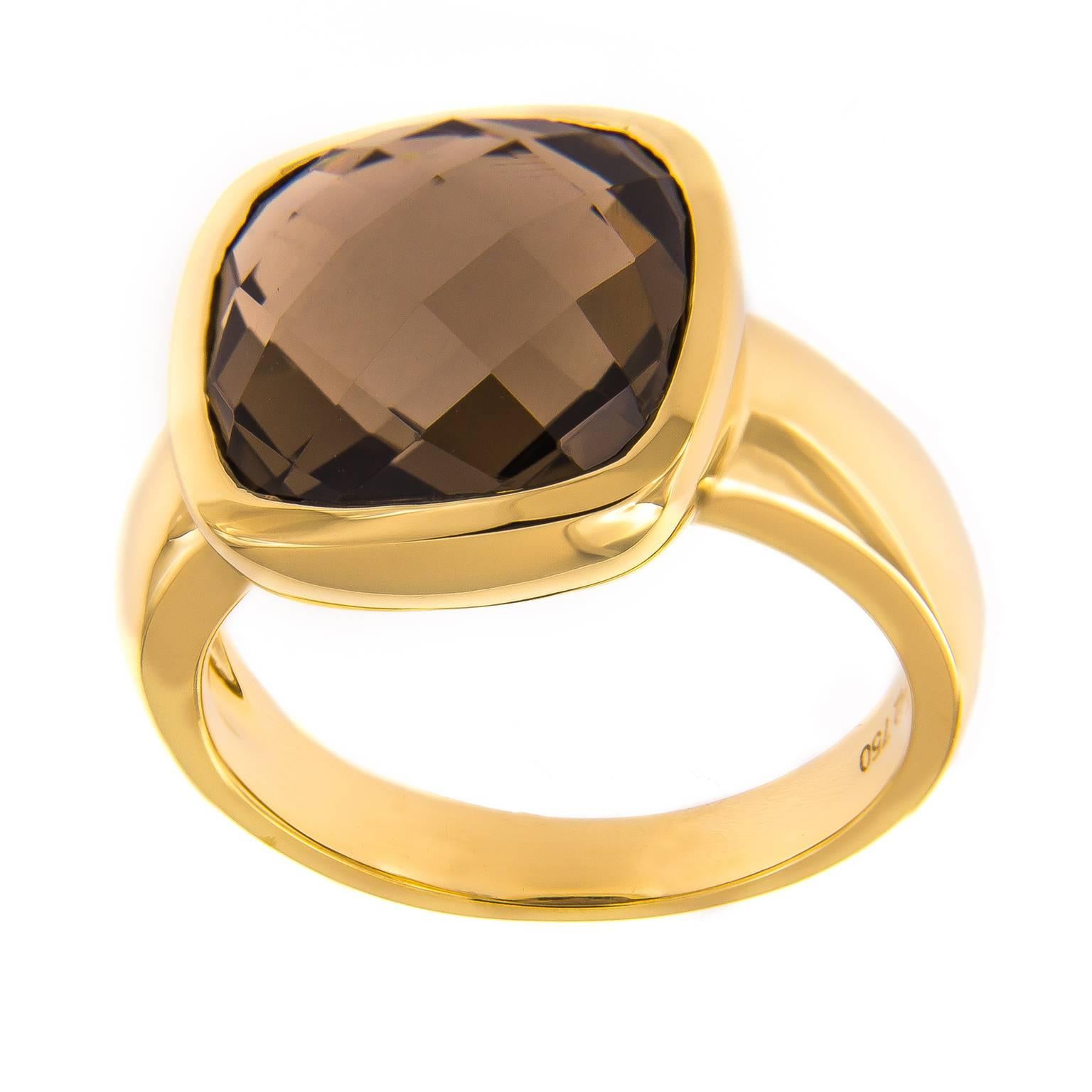 Cushion Cut Hammerman 8.65 Carat Smoky Topaz Gold Ring