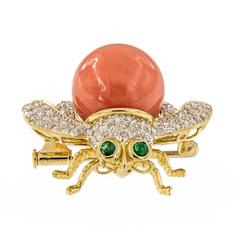 Coral Diamond Emerald Gold Bee Brooch