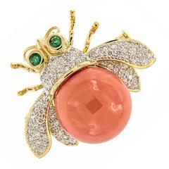 Coral Diamond Emerald Gold Bee Brooch