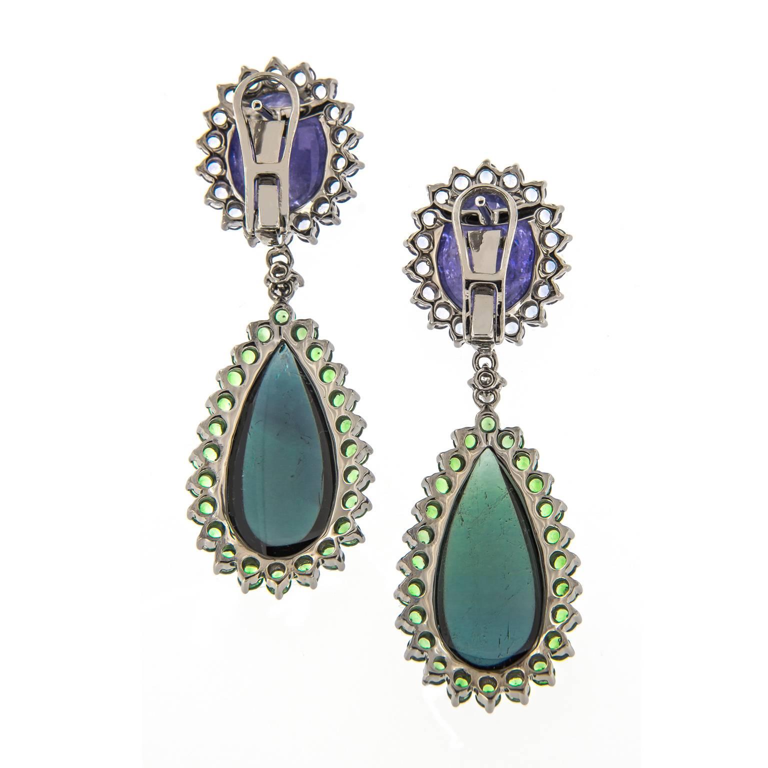 Tanzanite Tourmaline Garnet Diamond Drop Earrings In New Condition In Troy, MI