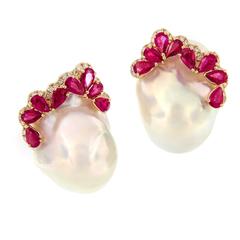 Baroque Pearl Ruby Diamond Earrings