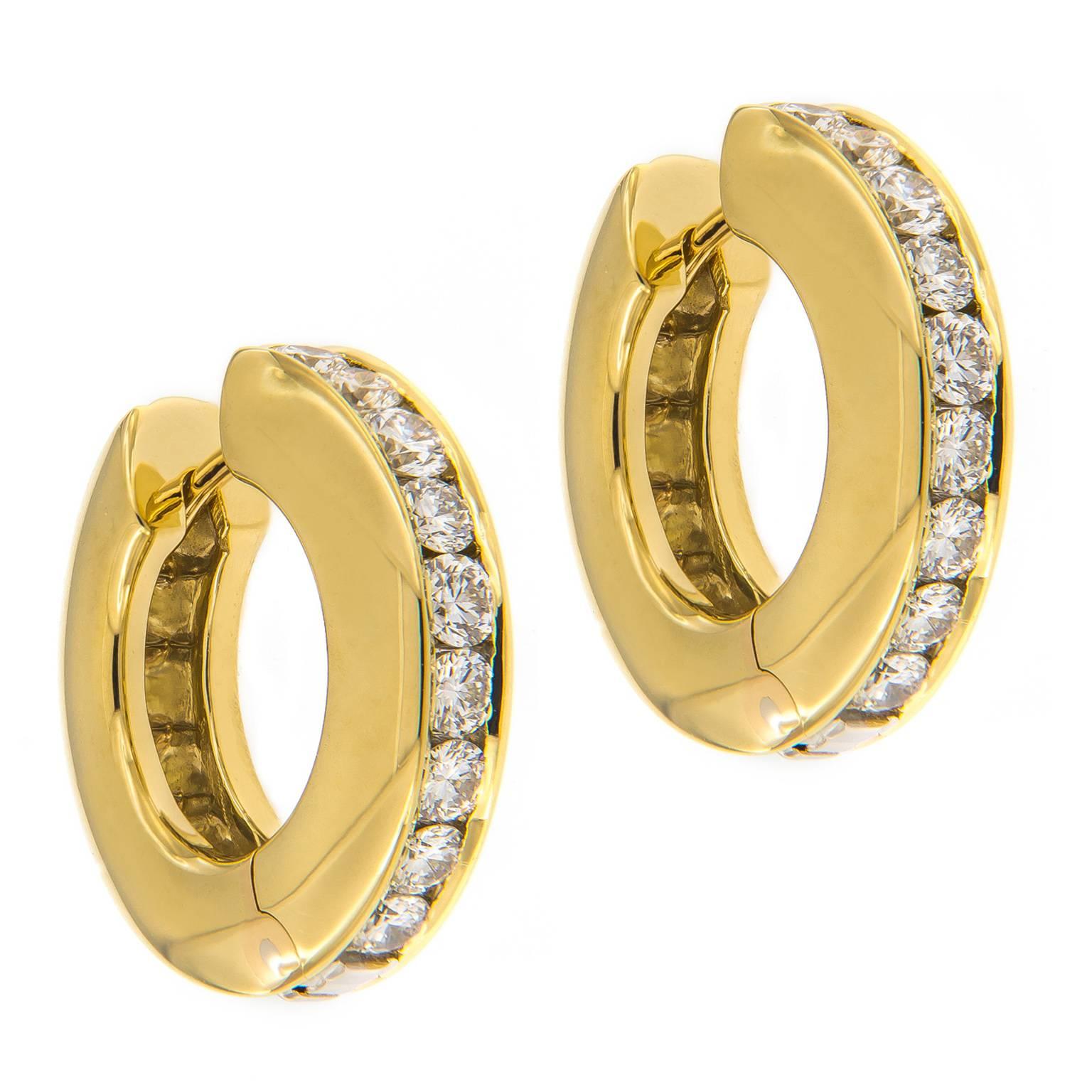 1.50 Cttw. Diamond Hinged  18 Karat Yellow Gold Huggie Earrings For Sale