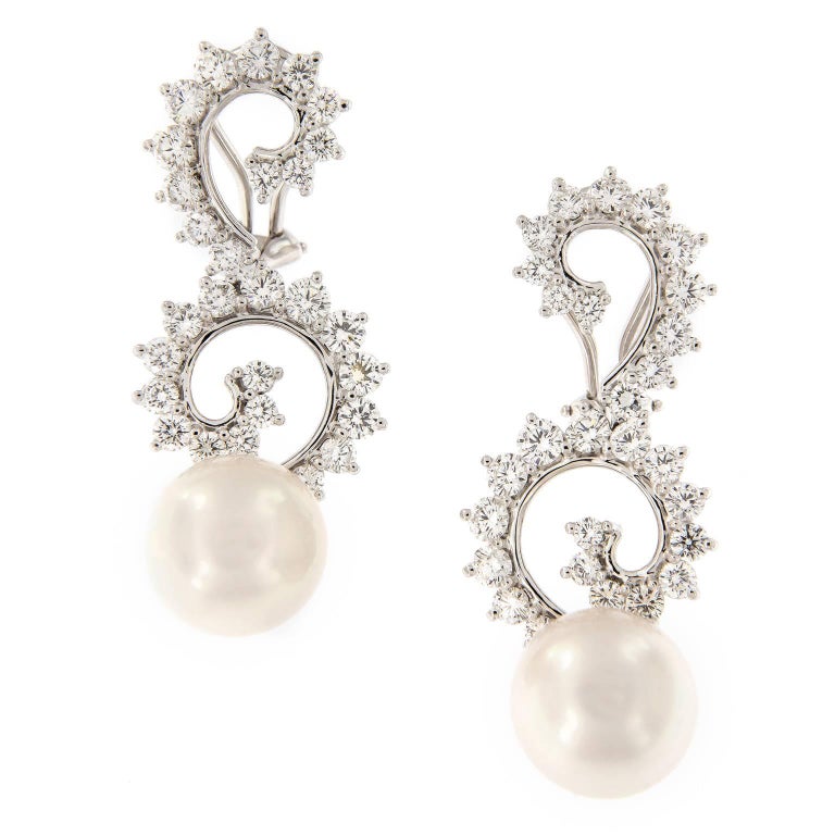 Angela Cummings Pearl Diamond Gold Dangle Swirl Earrings at 1stDibs