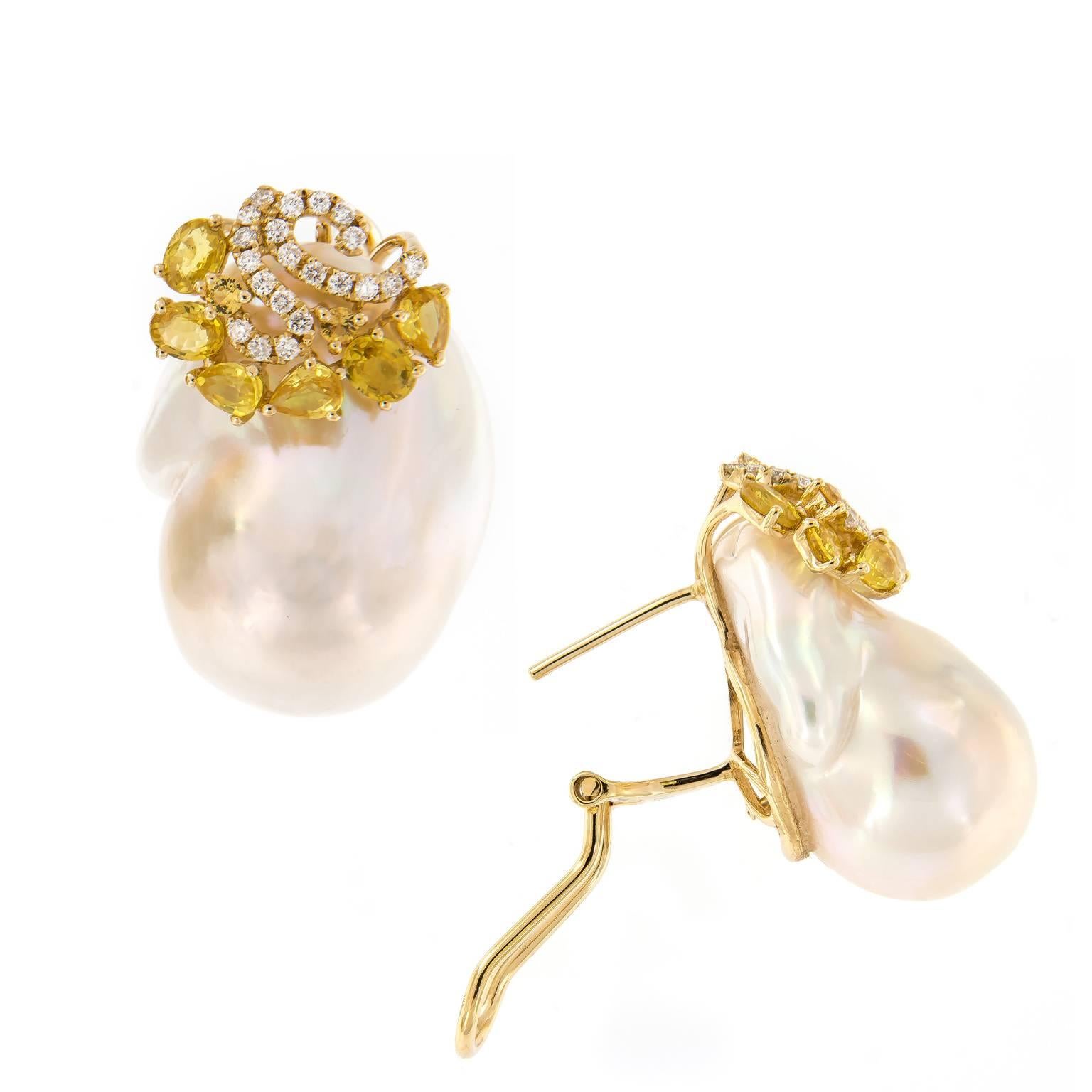 Baroque Pearl Yellow Sapphire Diamond Earrings In New Condition In Troy, MI