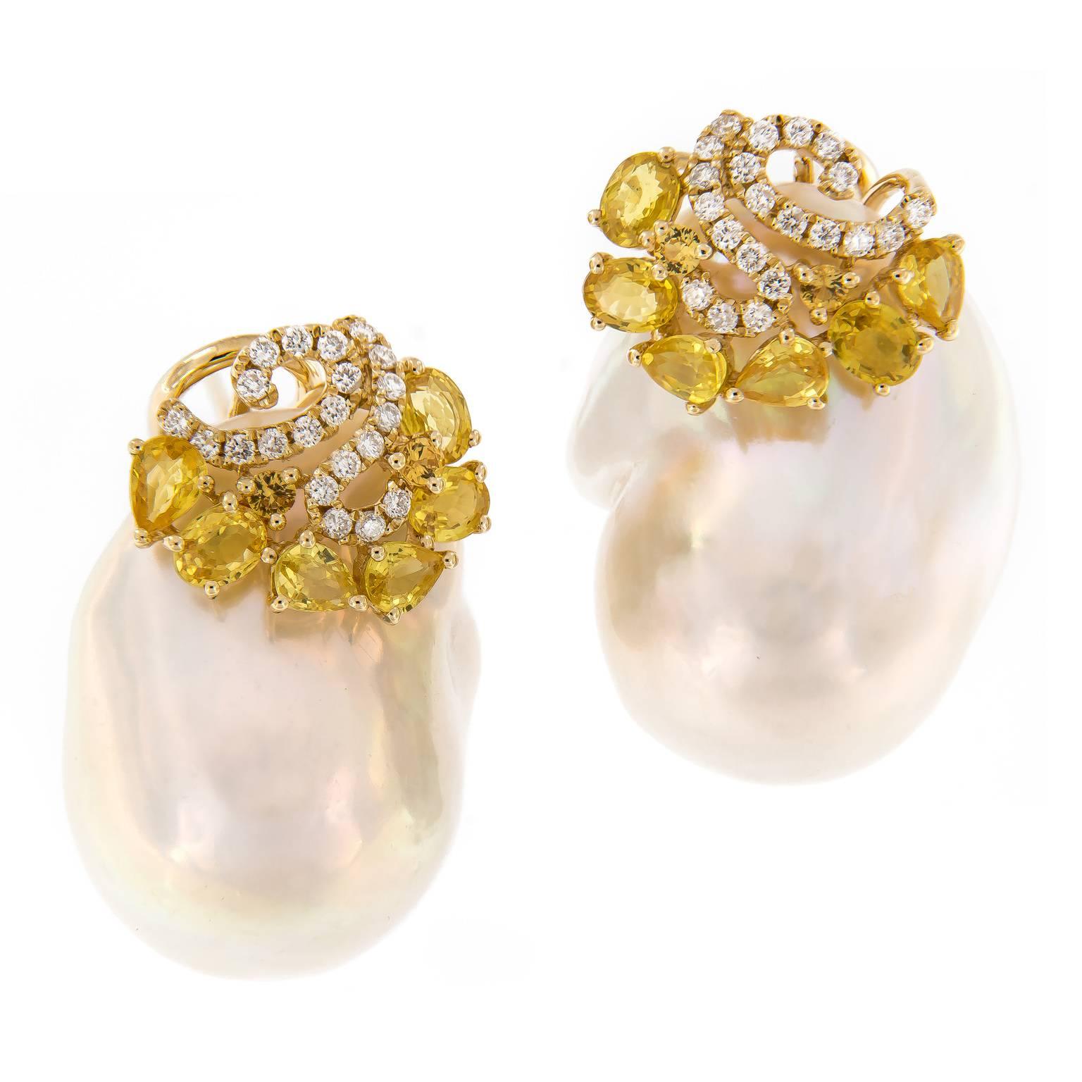 Baroque Pearl Yellow Sapphire Diamond Earrings