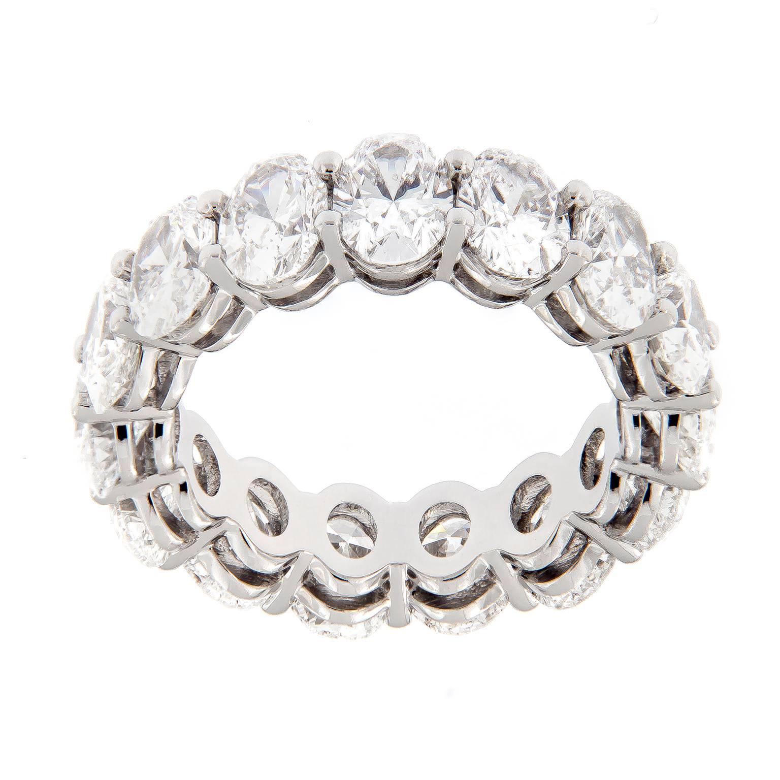 This stunning ring brings a very different look in the eternity band. Featuring 15 beautifully matched GIA oval-cut diamonds, expertly hand-crafted in platinum.
Ring size 6.25

Diamonds 7.73 cttw GIA D color VS-SI clarity 