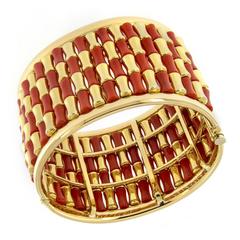 Red Coral Gold Hand-Fabricated Hinged Bracelet