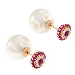 Pink Sapphire Pearl Diamond Double Stud Front and Back Earrings