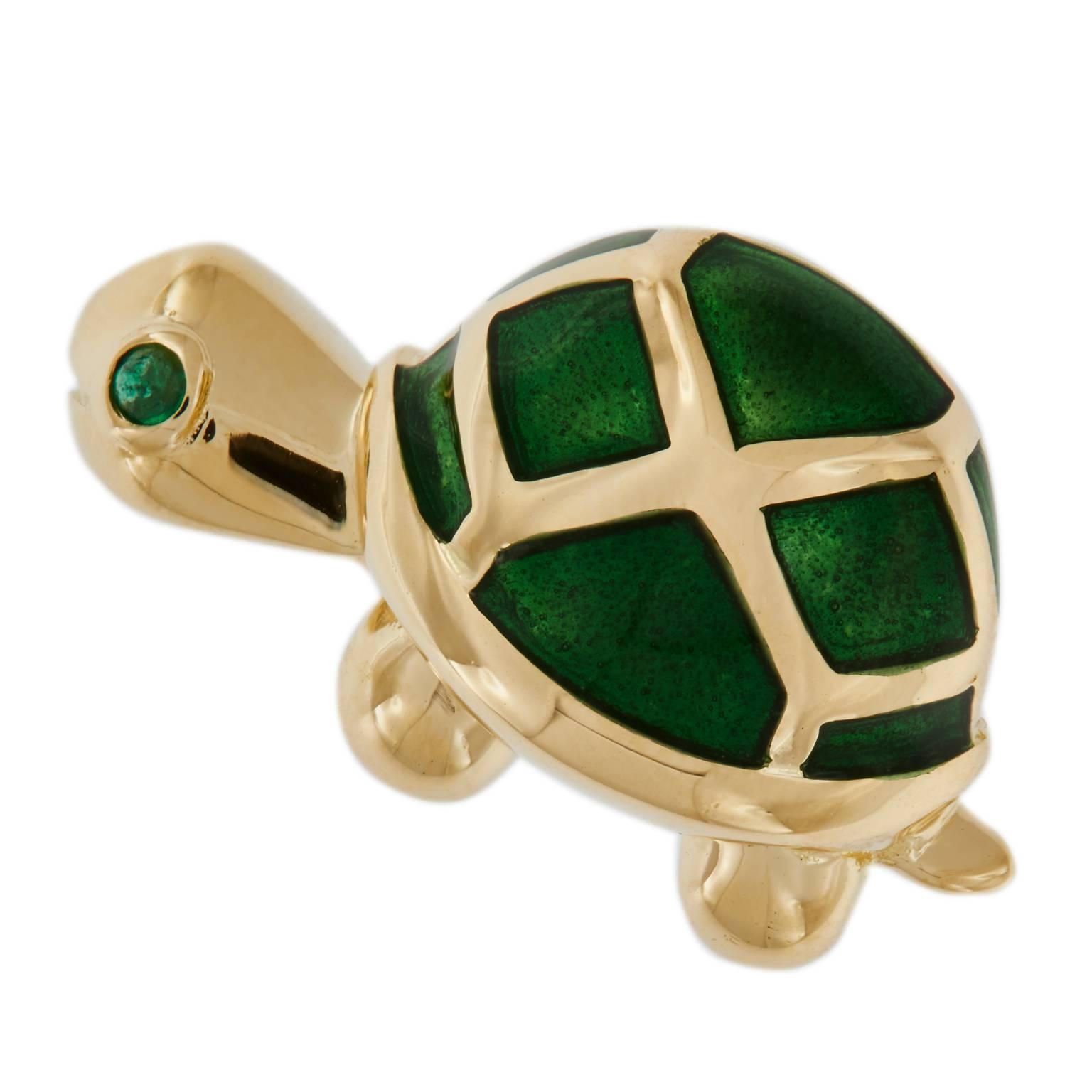 Enamel Emerald Gold Turtle Lapel Pin For Sale