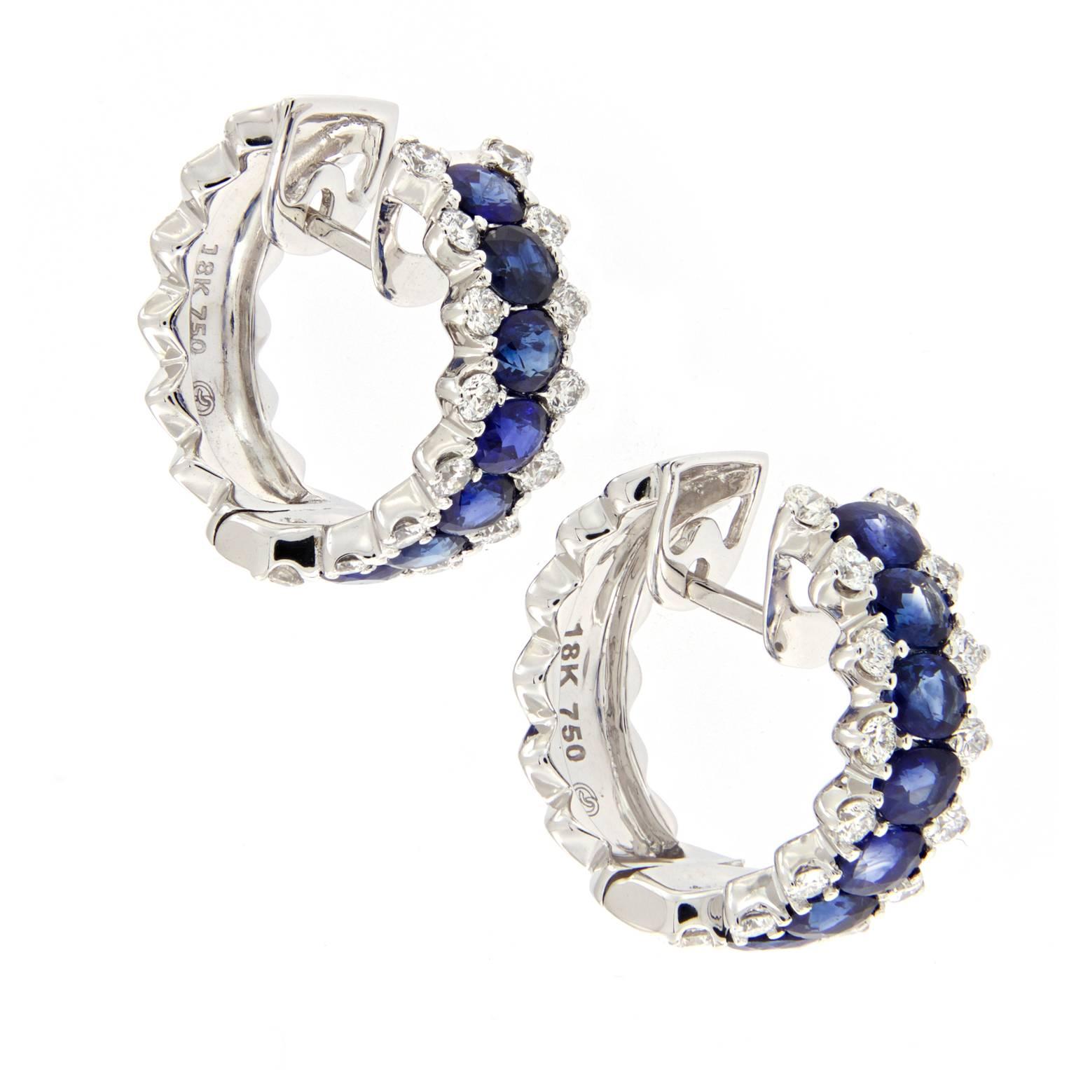 Sapphire Diamond Gold Hoop Earrings In New Condition In Troy, MI