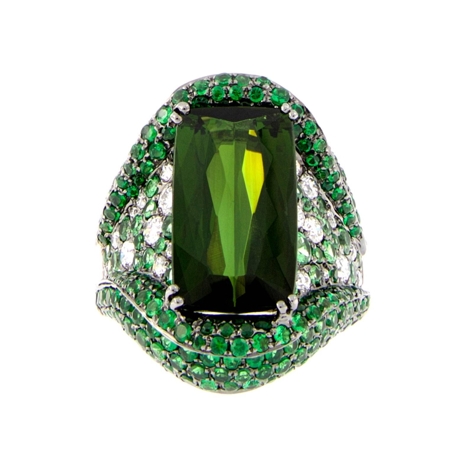This green tourmaline takes center stage in this glamorous cocktail ring. Ring is crafted in 18k white gold and tourmaline is accented by curved rows of garnets and white diamonds. Weighs 10.3 grams. Ring Size 7.

Tourmaline 5.67 cttw
Garnet 2.61