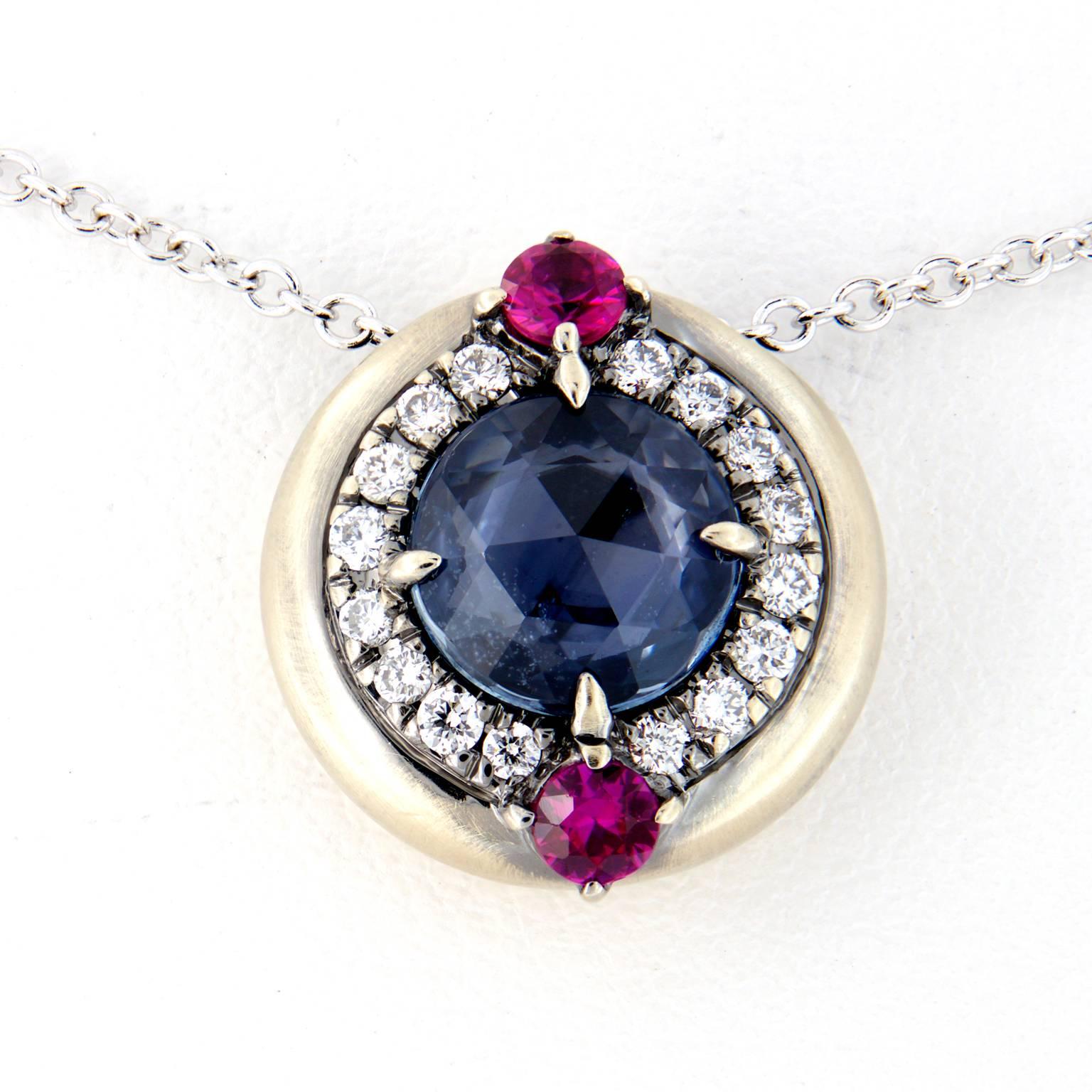 Danhier Sapphire Ruby Diamond Gold Pendant Necklace In New Condition In Troy, MI