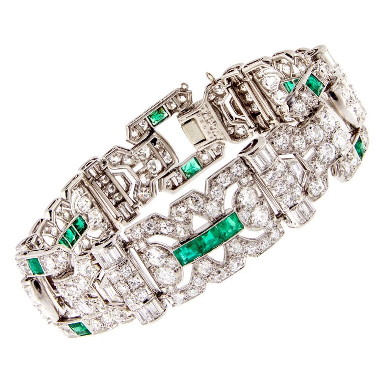 Art Deco Diamond Emerald Platinum Bracelet at 1stDibs