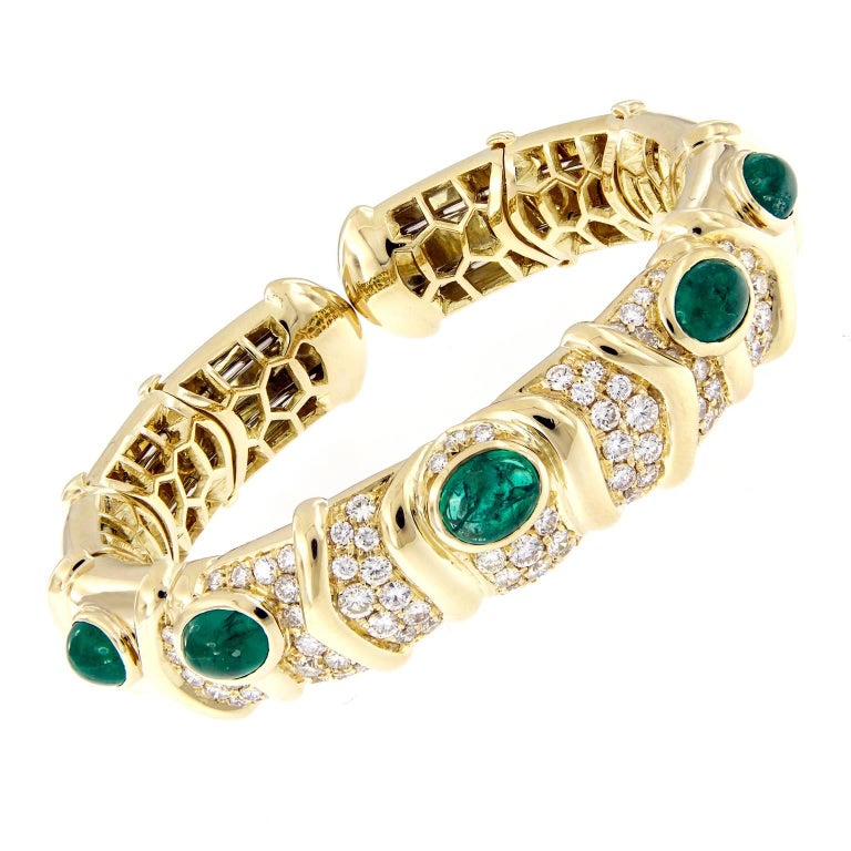 Italian Diamond Emerald Wide Flexible Gold Bracelet at 1stDibs