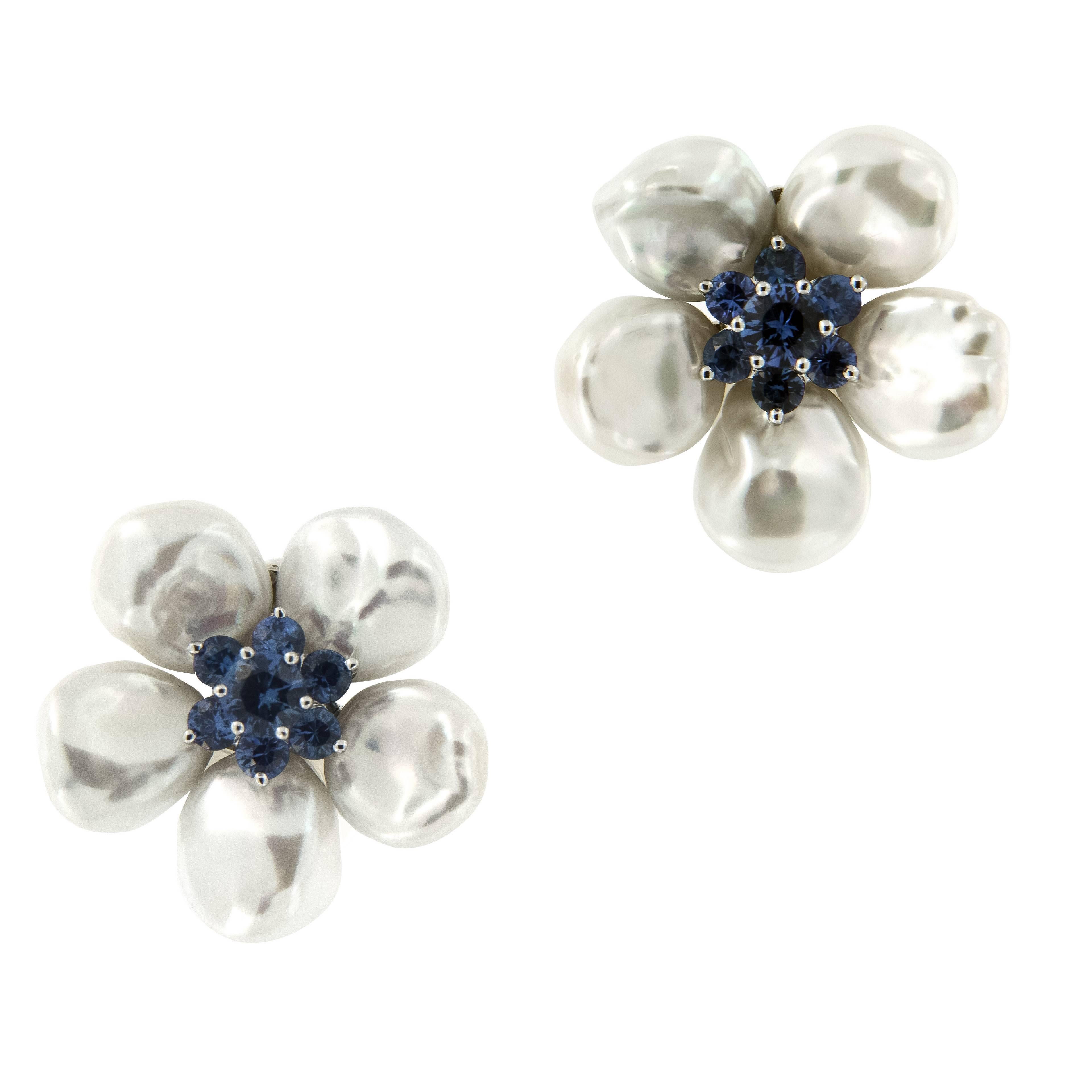 Seaman Schepps Pearl Sapphire “Biwa Flower” Earrings