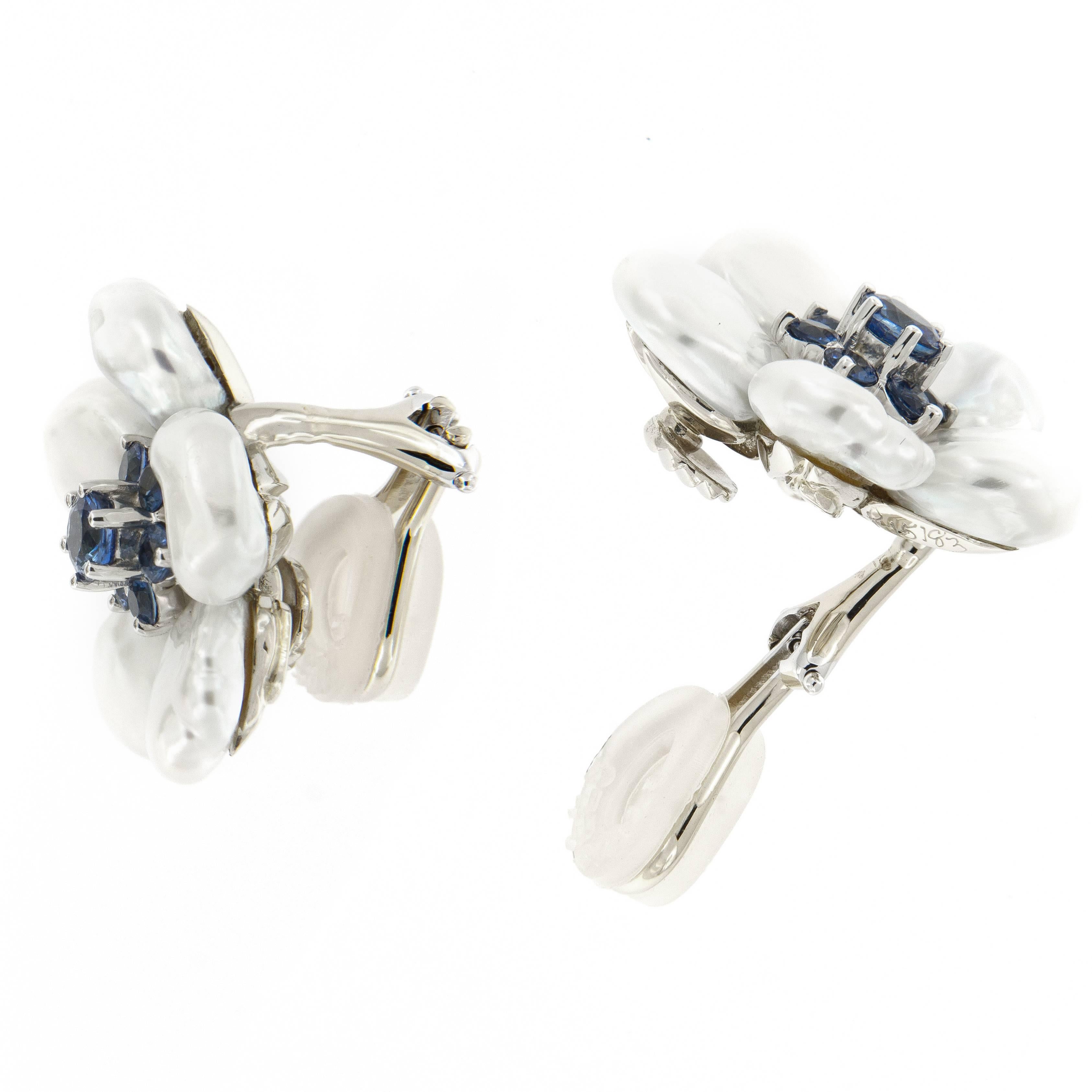 Seaman Schepps Pearl Sapphire “Biwa Flower” Earrings In Excellent Condition In Troy, MI