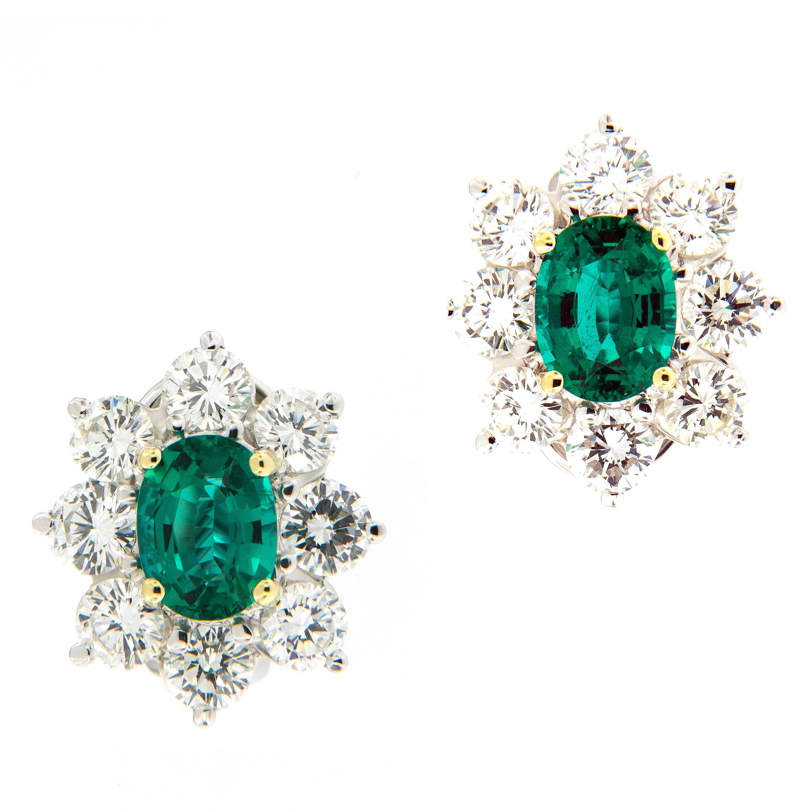 Emerald Diamond Cluster Platinum Earrings