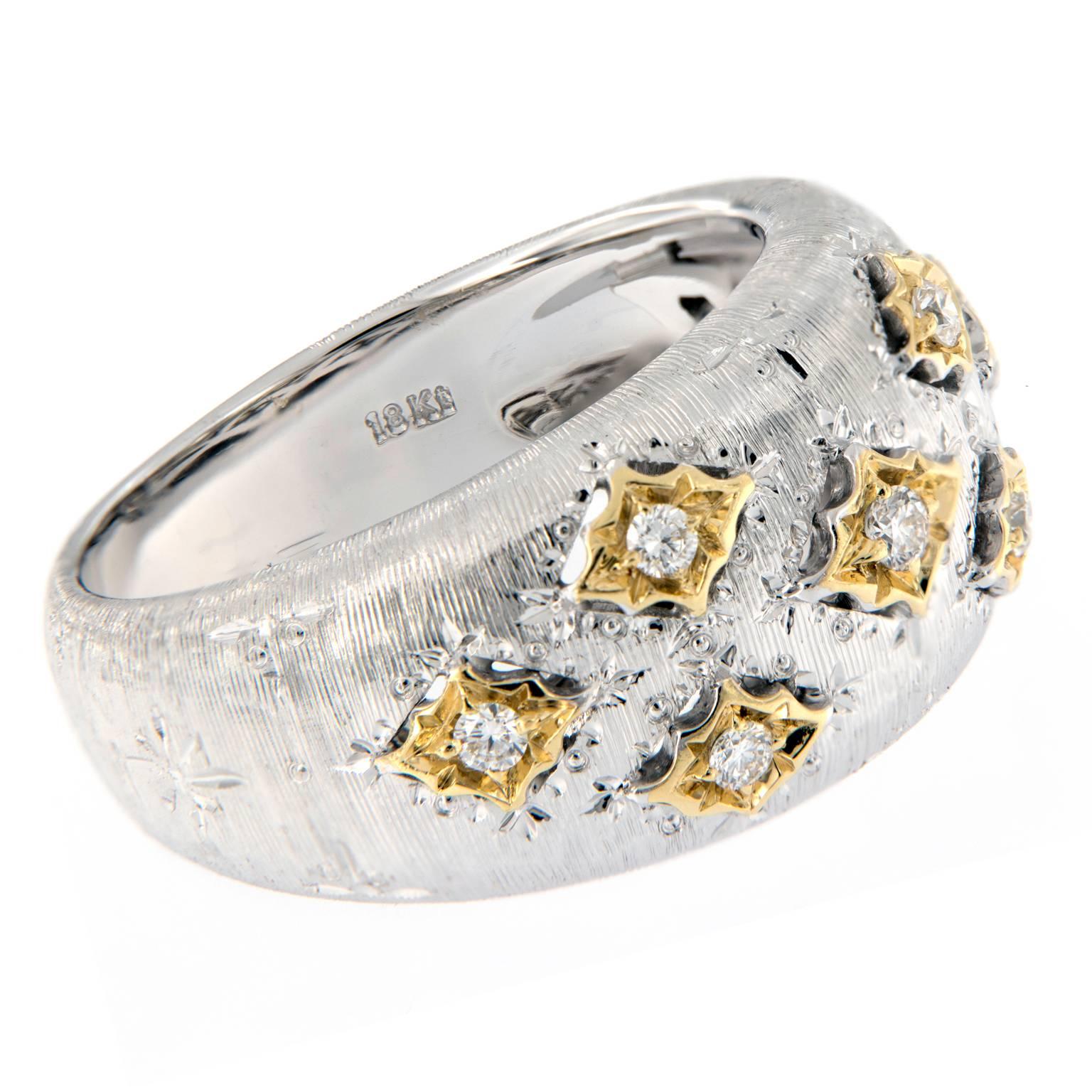 Beautifully crafted 18k yellow and white gold band ring accented with diamonds. Earrings are inspired by the classic Buccellati design featuring textured gold made to look like fine fabric. Weighs 10.8 grams. Ring size 7.25.

Diamonds 0.16