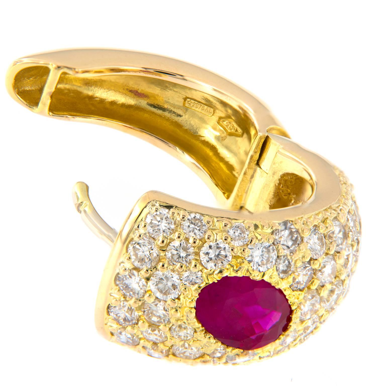 Italian Gold Diamond Ruby Huggie Earrings In New Condition In Troy, MI