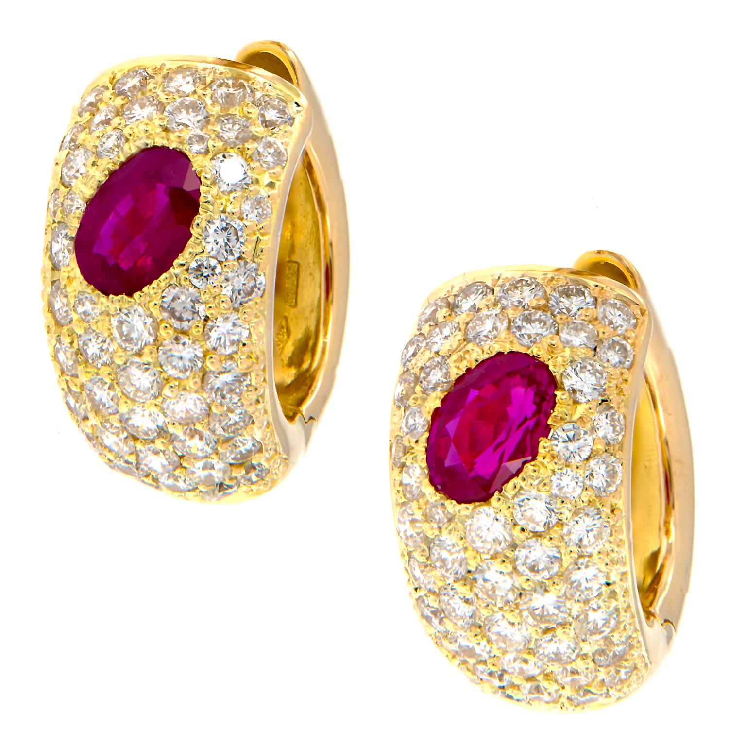 Italian Gold Diamond Ruby Huggie Earrings