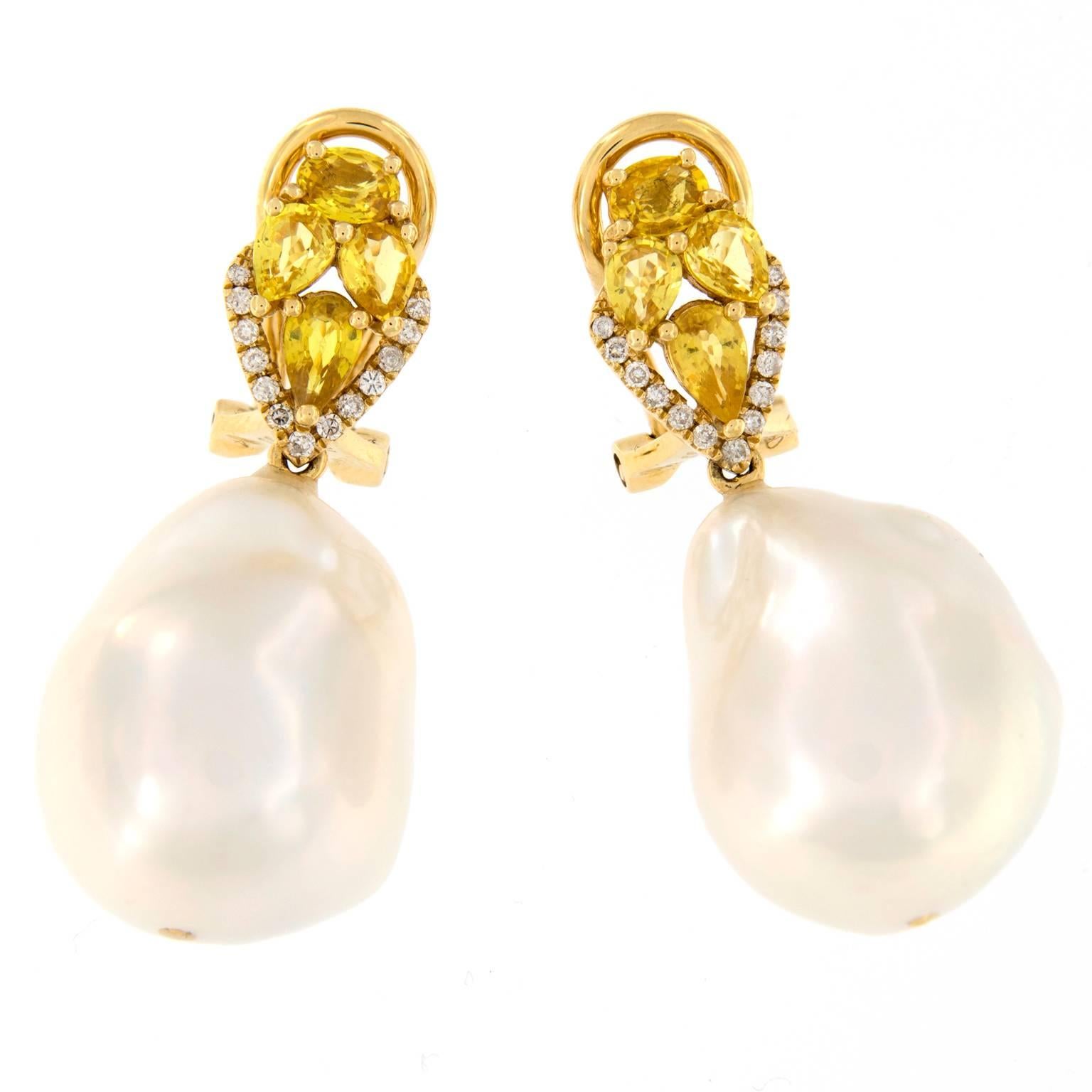 Baroque Pearl Sapphire Diamond Gold Drop Earrings