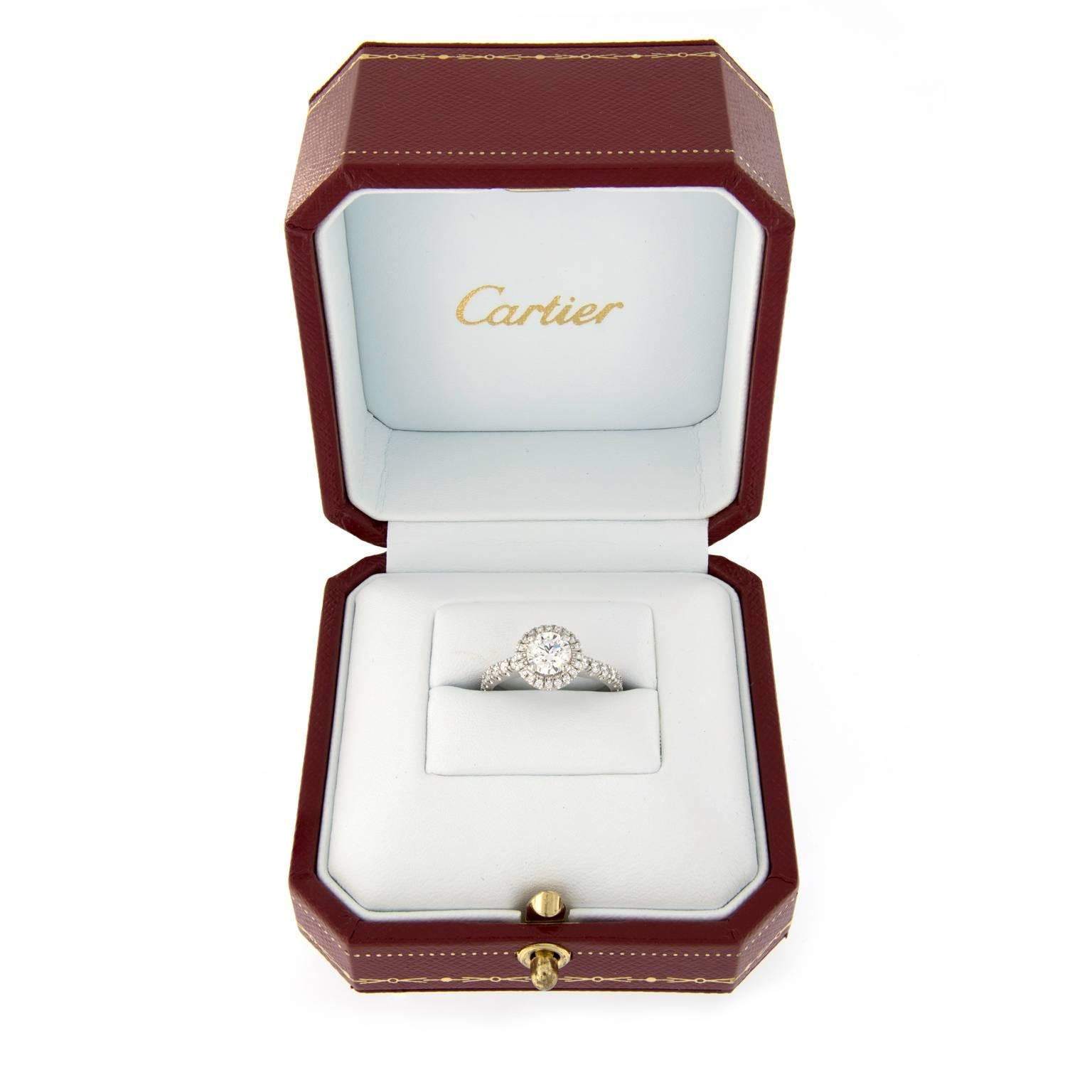 Classic Cartier Destinée solitaire ring in platinum, set with a brilliant-cut diamond. Ring includes Cartier box and certification of authentication. Weighs 4.8 grams. Ring Size 4.75. 9mm wide at the top, 2mm wide shank.
0.70 Carat RBC Diamond F,