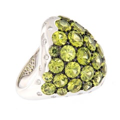 Peridot & Diamond Large Dome 18 Karat White Gold Ring