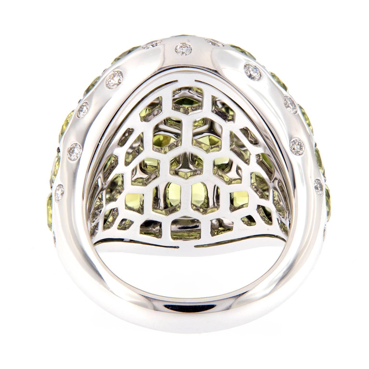 Women's Peridot & Diamond Large Dome 18 Karat White Gold Ring For Sale