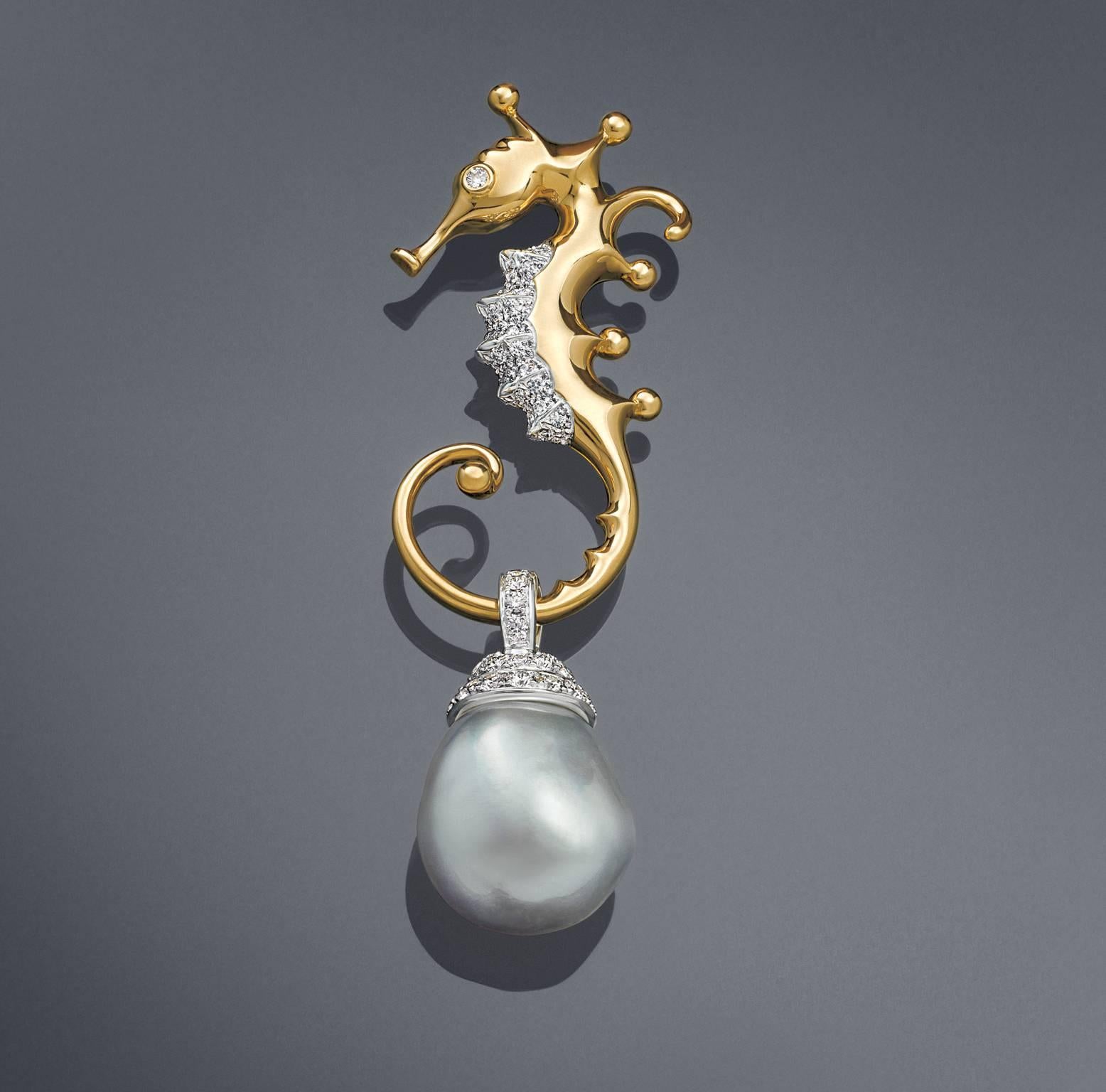 An exquisitely rendered, sculpted seahorse sits gracefully above a single Baroque Pearl pendant in this whimsical, yet supremely elegant brooch. Brooch is Platinum and 18K Yellow Gold. Designed by Angela Cummings for Assael of New York.

Gem