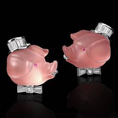 Rose Quartz Diamond Ruby Gold Piglet Cufflinks