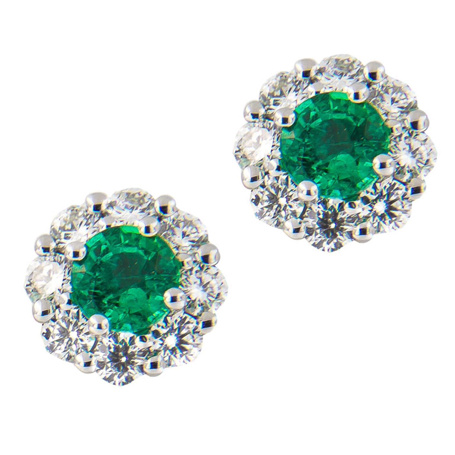 Emerald and Diamond Halo 14 Karat White Gold Stud Earrings