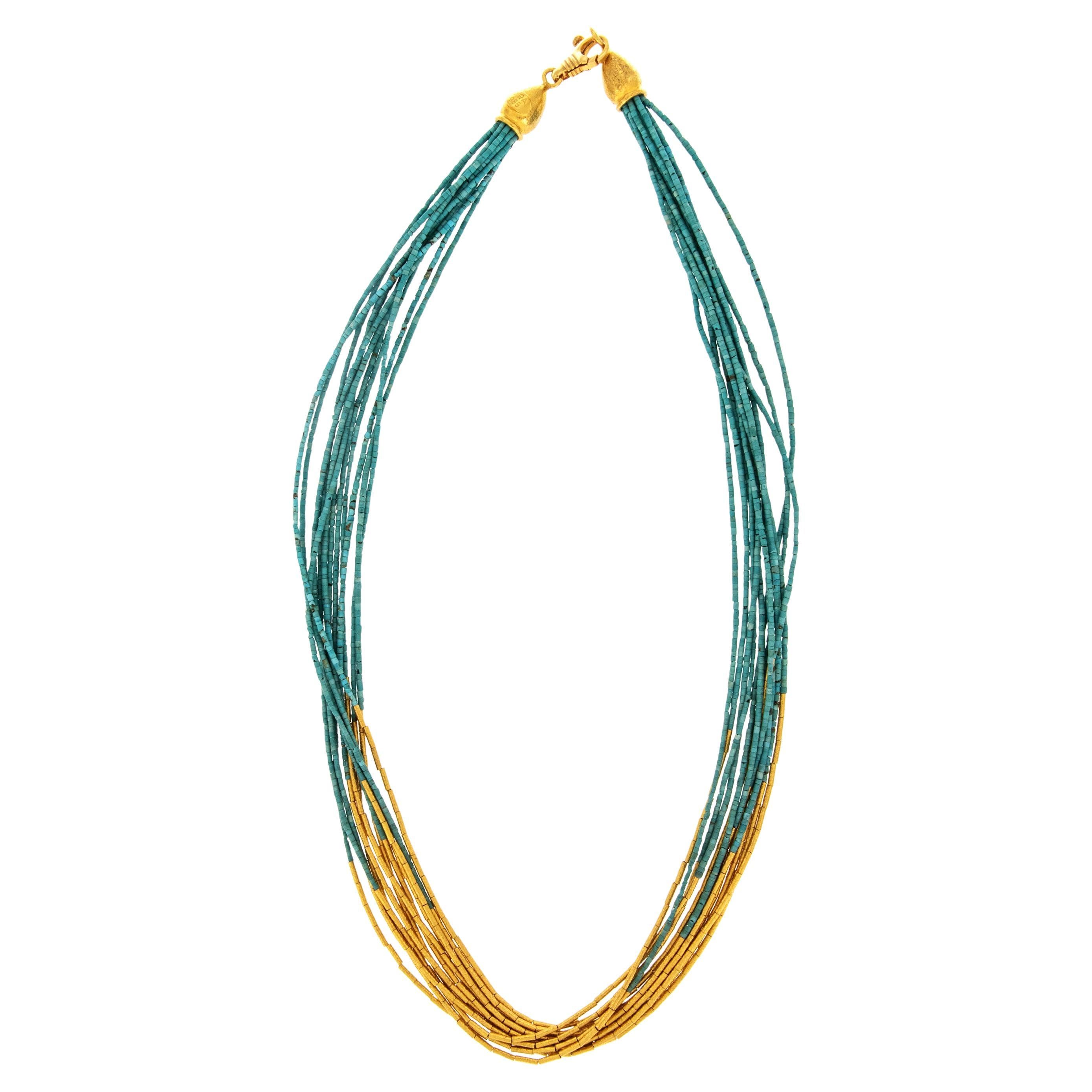 Collana a cascata di turchese liquido in oro giallo 24 carati, rara e pura, a 12 fili in vendita