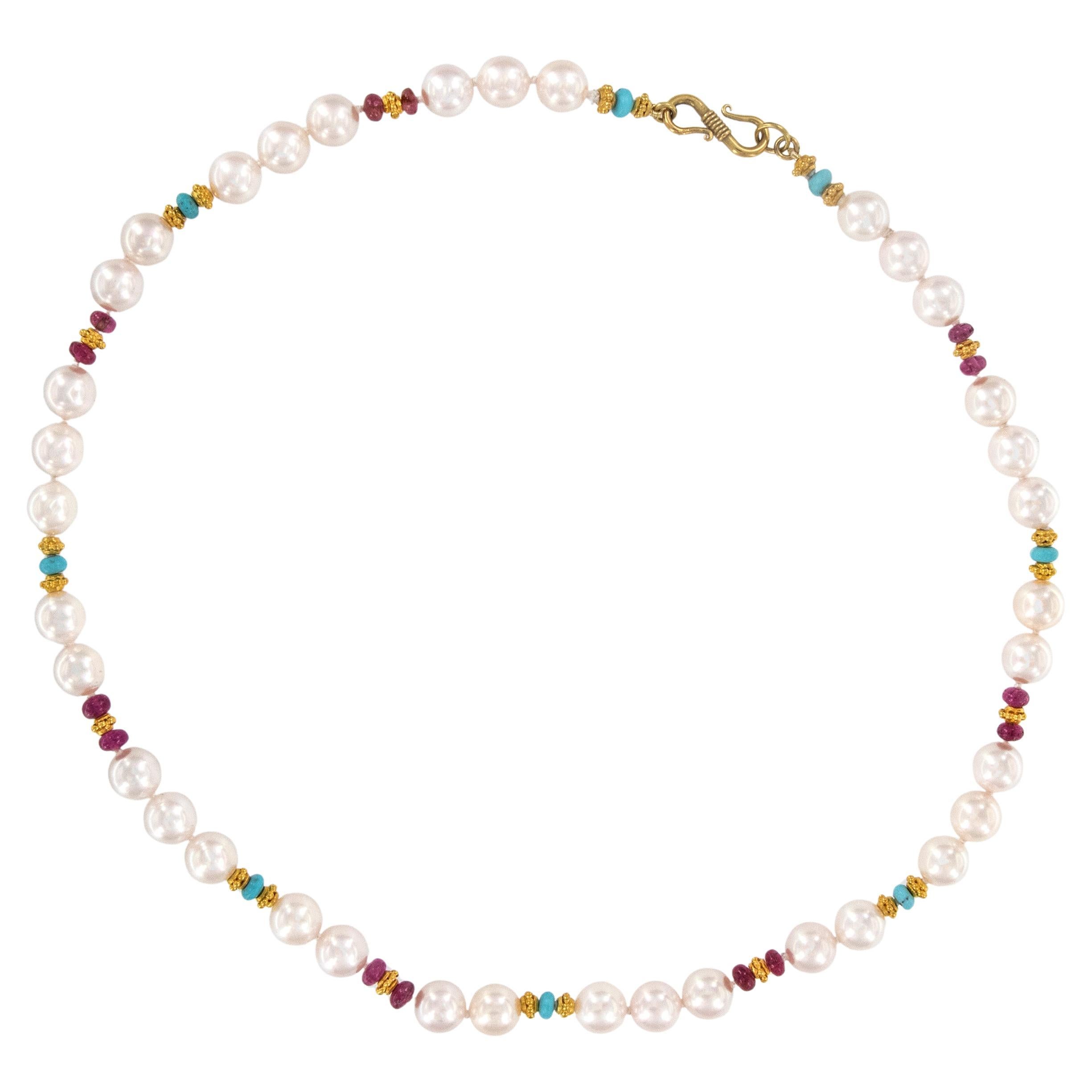Collier en or jaune 18 carats perles d'Akoya, turquoise et tourmaline rose en vente