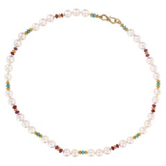 18 Karat yellow Gold Akoya Pearl, Turquoise and Pink Tourmaline Beaded Necklace
