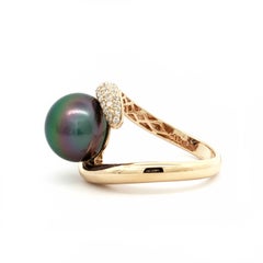 18 Karat Yellow Gold Diamond and 11mm Tahitian Pearl Bypass Ring