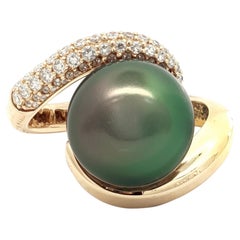 18 Karat Yellow Gold Diamond and 11mm Tahitian Pearl Bypass Ring