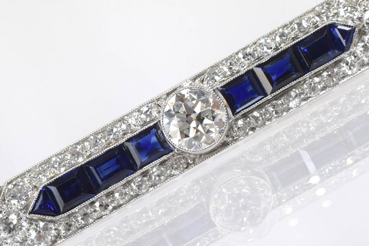Round Cut Art Deco Sapphire Diamond Gold Platinum Bar Pin For Sale
