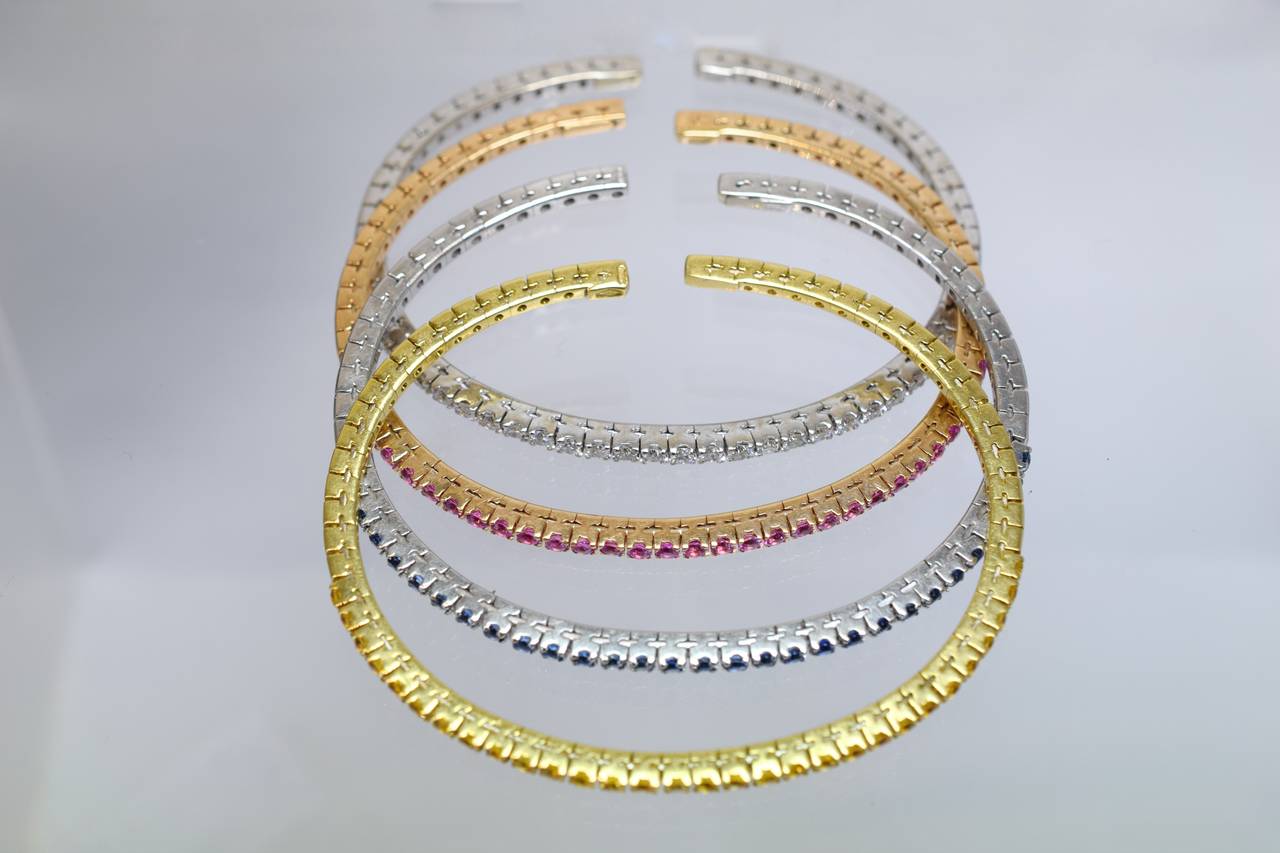 Women's Diamond and Tricolor Sapphire Gold Bangle Bracelets